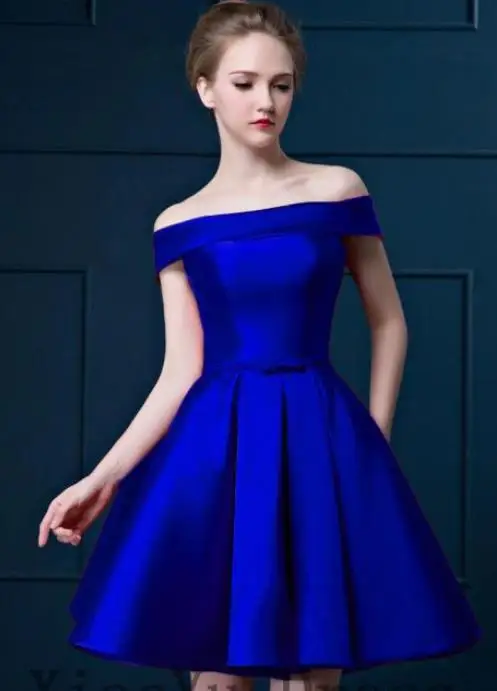 Vestido madrinha новые атласные платья подружки невесты с открытыми плечами и открытой спиной, золотое, королевское, голубое, фиолетовое, розовое, длина до колена, свадебные g - Цвет: Royal blue