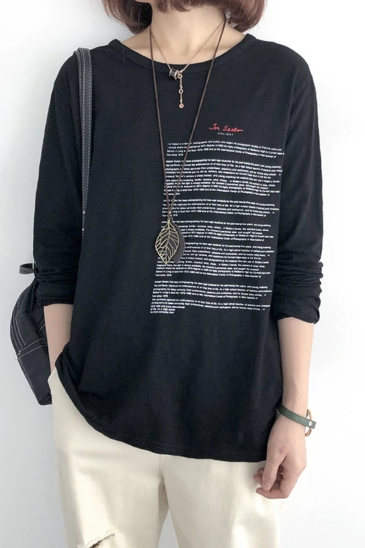 2019 винтажная Женская футболка из хлопка и бамбука осенняя тонкая черная модная