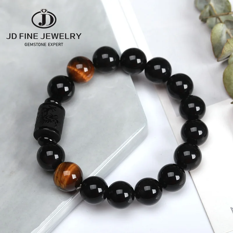 JD новый хрустальный 12 мм черный агат бусина с драконом браслет для мужчин и