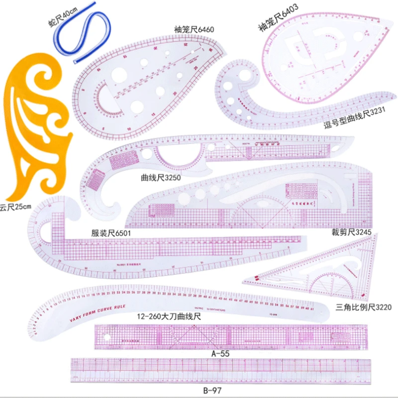

12pcs/set Ruler French Curve Cutting Rulers Yardstick Sewing Tools Measure Dressmaking Tailor Drawing