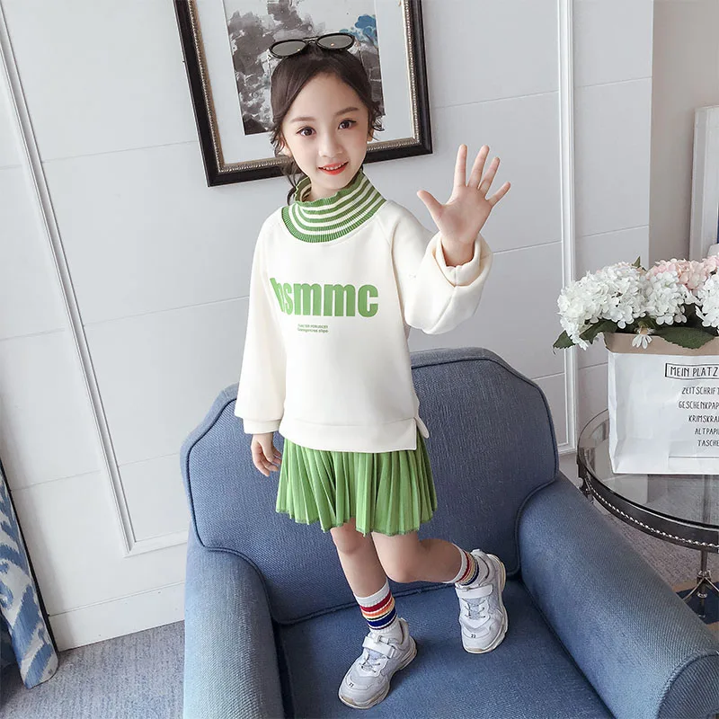 White Sweatshirt Детская зимняя одежда; Roupa Infantil Menina; свитер для девочек; платье с флисовой подкладкой; теплое платье-рубашка с эластичным воротником в рубчик; плиссированная нижняя часть - Цвет: White Sweatshirt