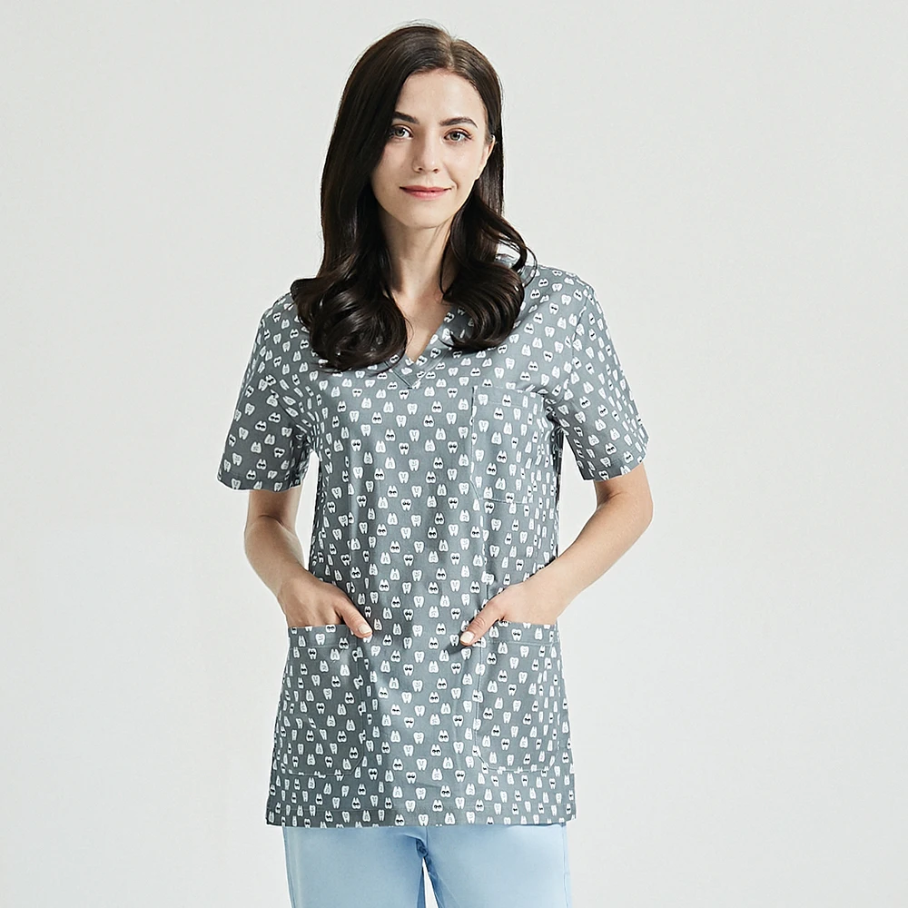 Высокое качество хлопок скрабы Топы салон красоты зуб печать Спецодежда спа Униформа унисекс