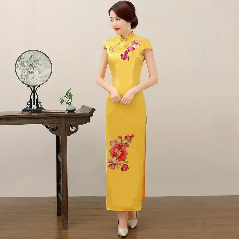 

Yellow Fashion Dress Long Cheongsam Oriental Womens Wedding Short Sleeve Party Qipao Chinese Style Elegant Robe Clothes Vestido