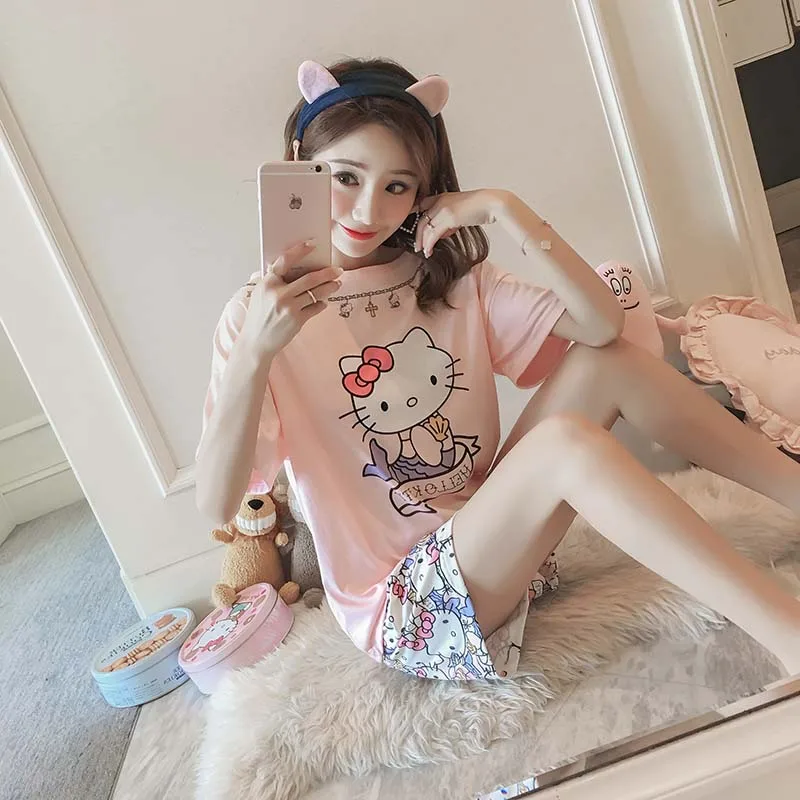 Женская фланелевая ночная рубашка hello kitty с длинным рукавом, банный халат, штаны, зимняя Милая Пижама с рисунком, Женская домашняя одежда, комплект одежды для сна