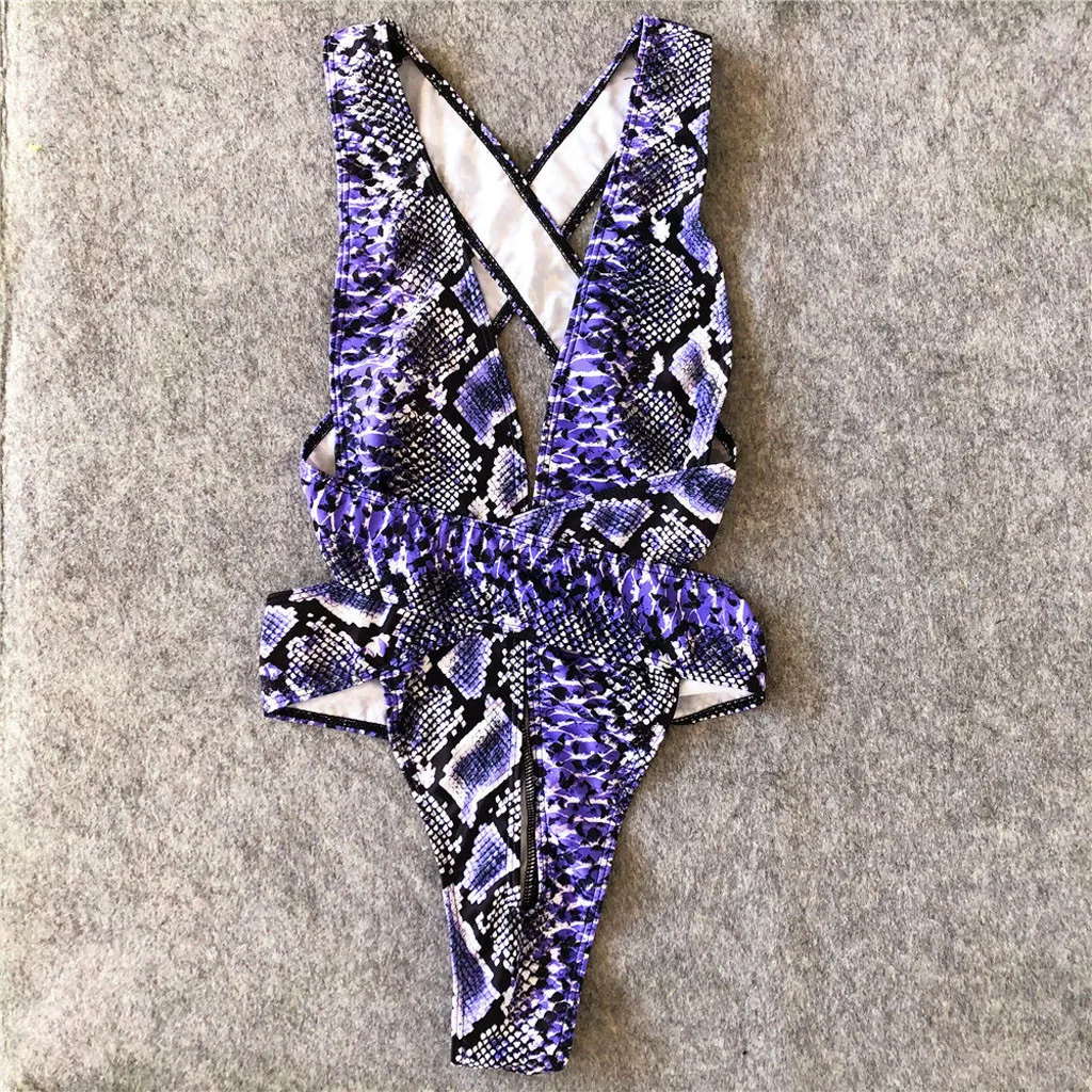 Фиолетовый змеиный принт слитные костюмы женские крестообразные повязки полые