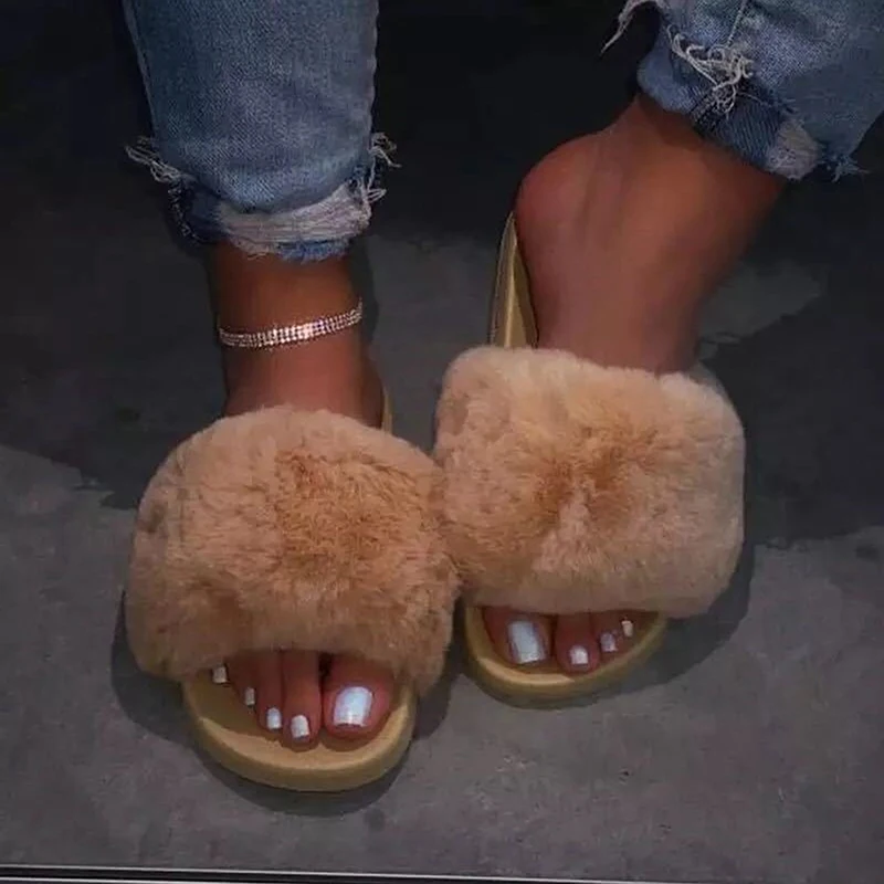 

women's Slippers Furry Shoes all-match Ladies Flat Shoes Woman Fluffy Indoor Winter Warm Sandals Female Fur Flip Flops Fashion