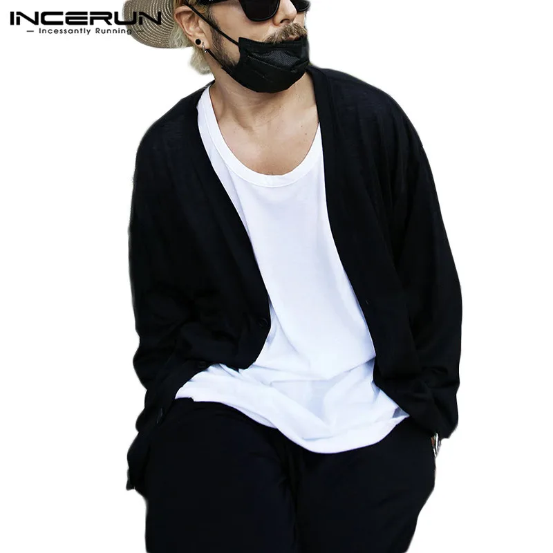 

INCERUN 2021 Fashion Men Casual Shirt Button Up Streetwear V Neck Loose Long Sleeve Tops Solid Color Leisure Camisa Masculina