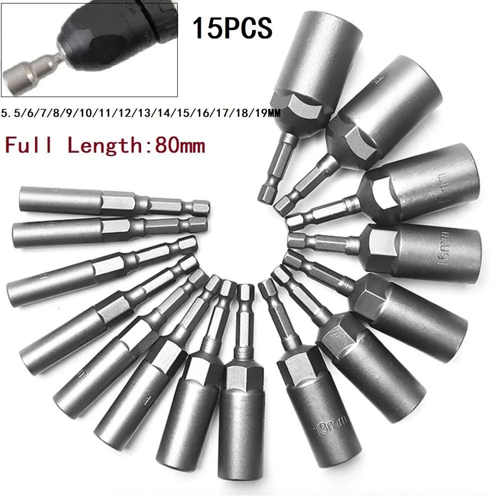 

15Pcs 5.5-19mm Hex Magnetic Electric Screwdriver Impact Socket Adapter Set Professional Precision Nut Driver Deepen Drill Bit