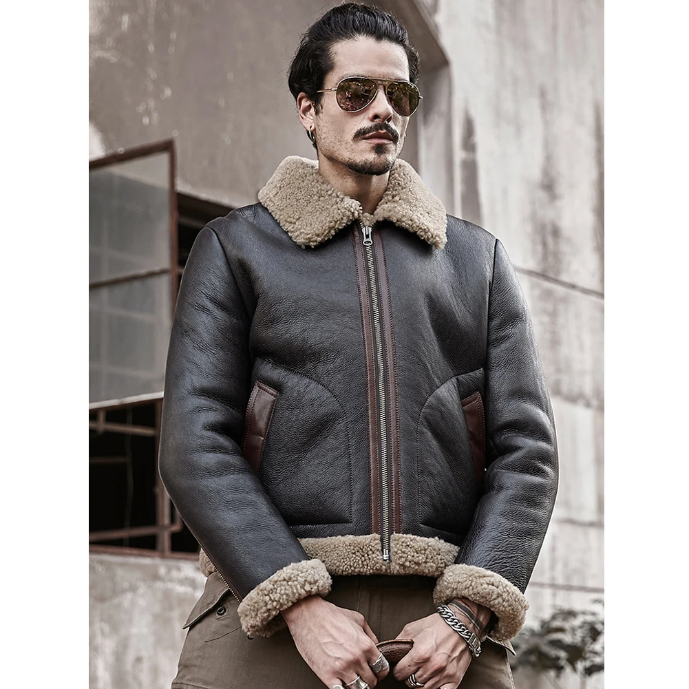 Шуба для мужчин из овечьей шерсти, черная куртка B3 "Бомбер", короткая кожа, новые зимние пальто с мехом.
