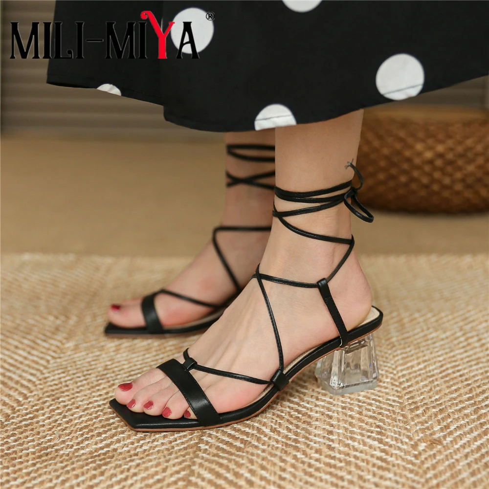 

MILI-MIYA 2021 New Sexy Chunky Clear High Heels Cross Tied Gladiator Sandals Peep Toe Genuine Cow Leather Women Summer Shoes