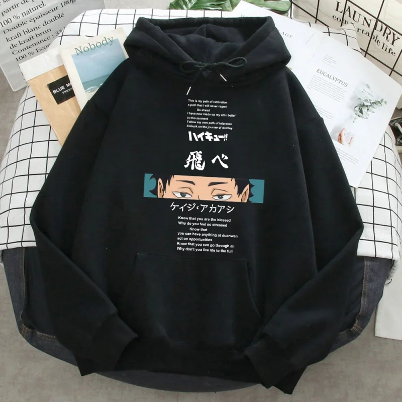 

Haikyuu moletom com capuz estampa de anime, feminino e masculino, blusa de lã quente com bolso, de outono e inverno.