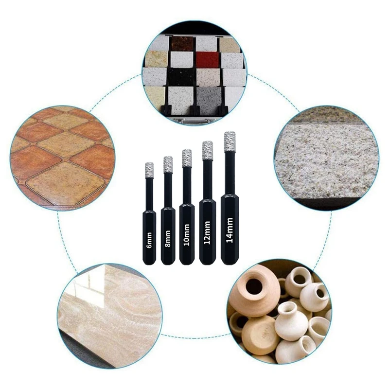 

5Pcs Dry Diamond Drill Bits with Hex Shank for Granite Marble Ceramic Tile Vacuum Brazed Hole Saws
