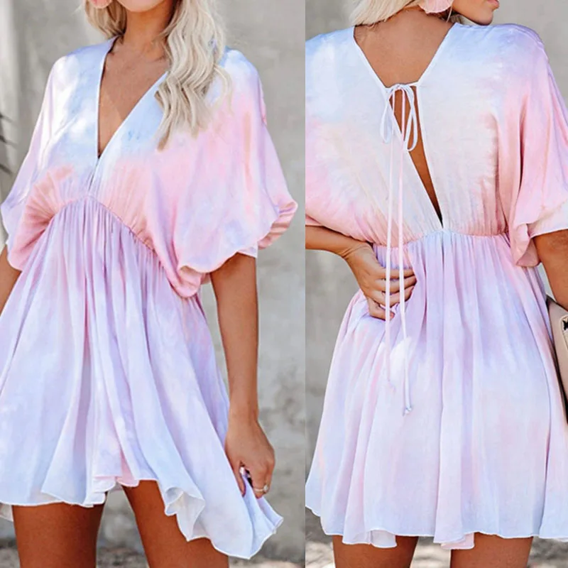 Женское мини платье с принтом в виде галстука бабочки и рюшами летнее