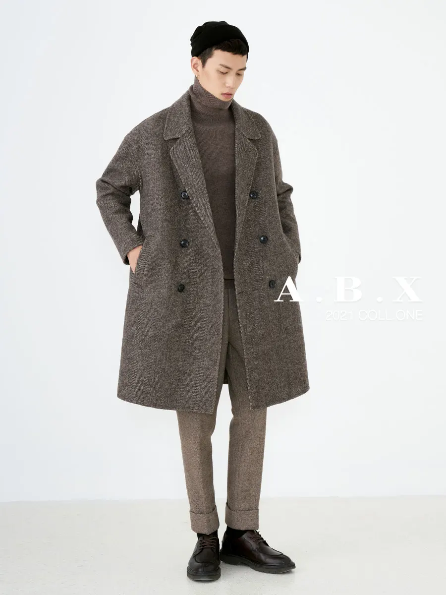 

Winter Wool Double-Faced Woolen Goods Herringbone Coat Men's Mid-Length Thickened Cashmere Double-Breasted Woolen Coat
