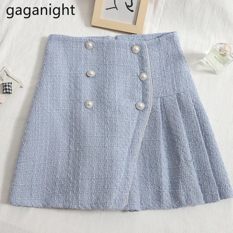 

Gaganight Women Skirt 2021 Autumn Winter New Temperament Double Breasted High Waist Thin Korean Chic A-line Tweed Pleated Skirt