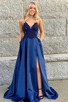 royal blue prom dresses 2022 new sexy high thigh split spaghetti strap appliques a line evening gowns