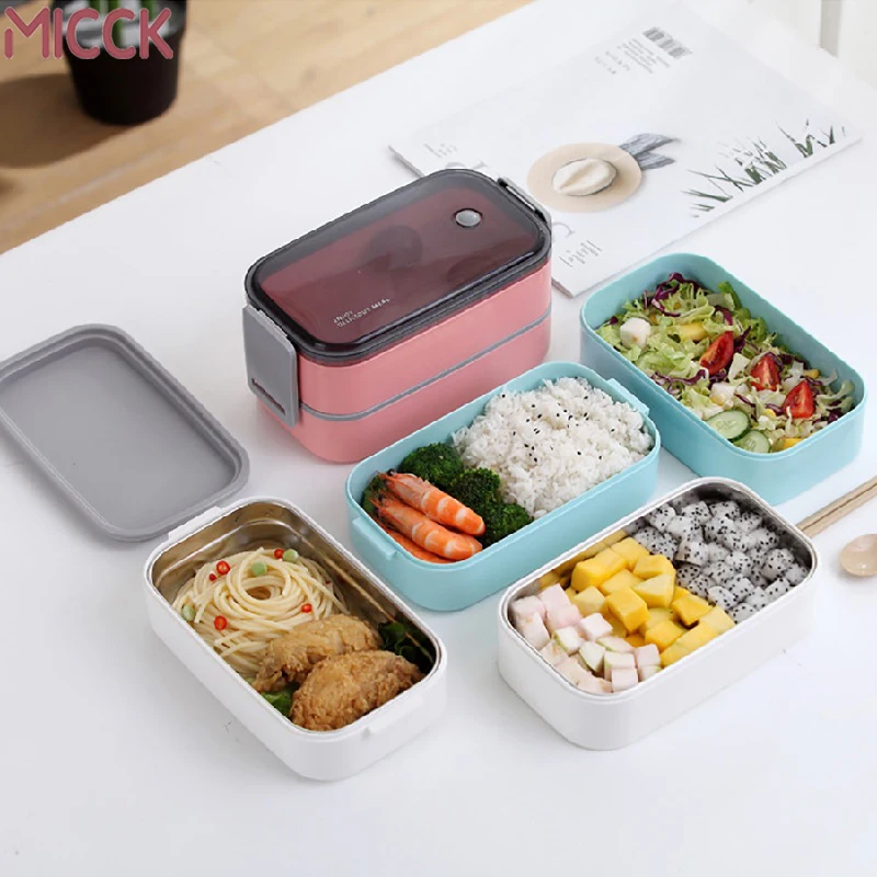 Портативный двойной ланч бокс MICCK с столовыми приборами 2019 304 герметичным отсеком