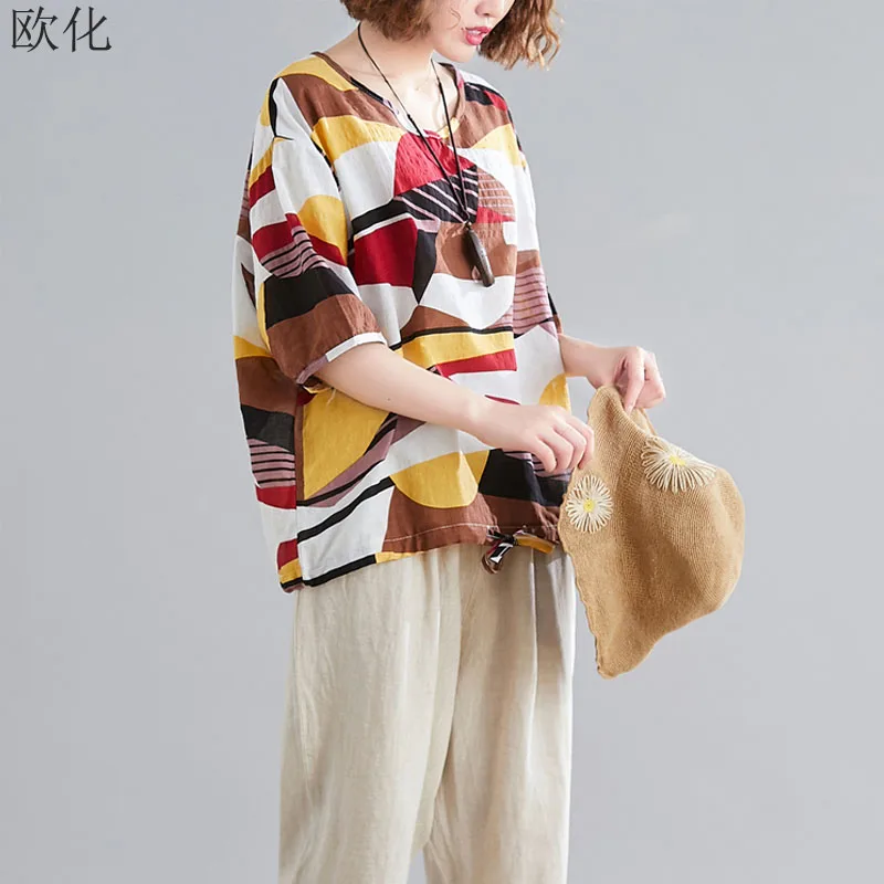 2020 летняя футболка размера плюс Женская Геометрическая большого из хлопка и льна