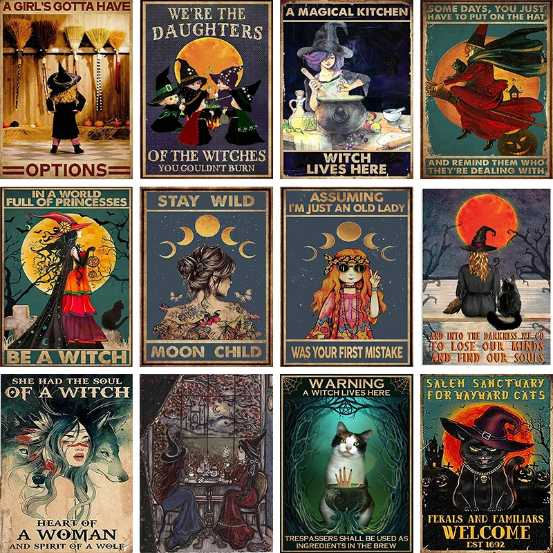 Винтажные ведьмы волшебные знания плакат Ведьмак черная кошка девушка живая