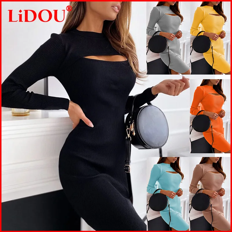 

Fall Winter Solid Ribbed Long Sleeve Party Dress Women Sexy Chest Hollow Slim Vestidos Elegant Office Lady Bodycon Mini Dresses