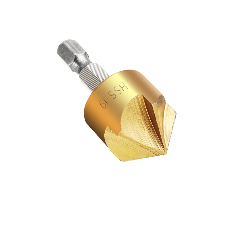

5 Flutes Countersink Drill Bit 1/4" Hex Shank Titanium Coated 90 Degree Wood Chamfer Cutter Set 6/8/9/12/16/19mm