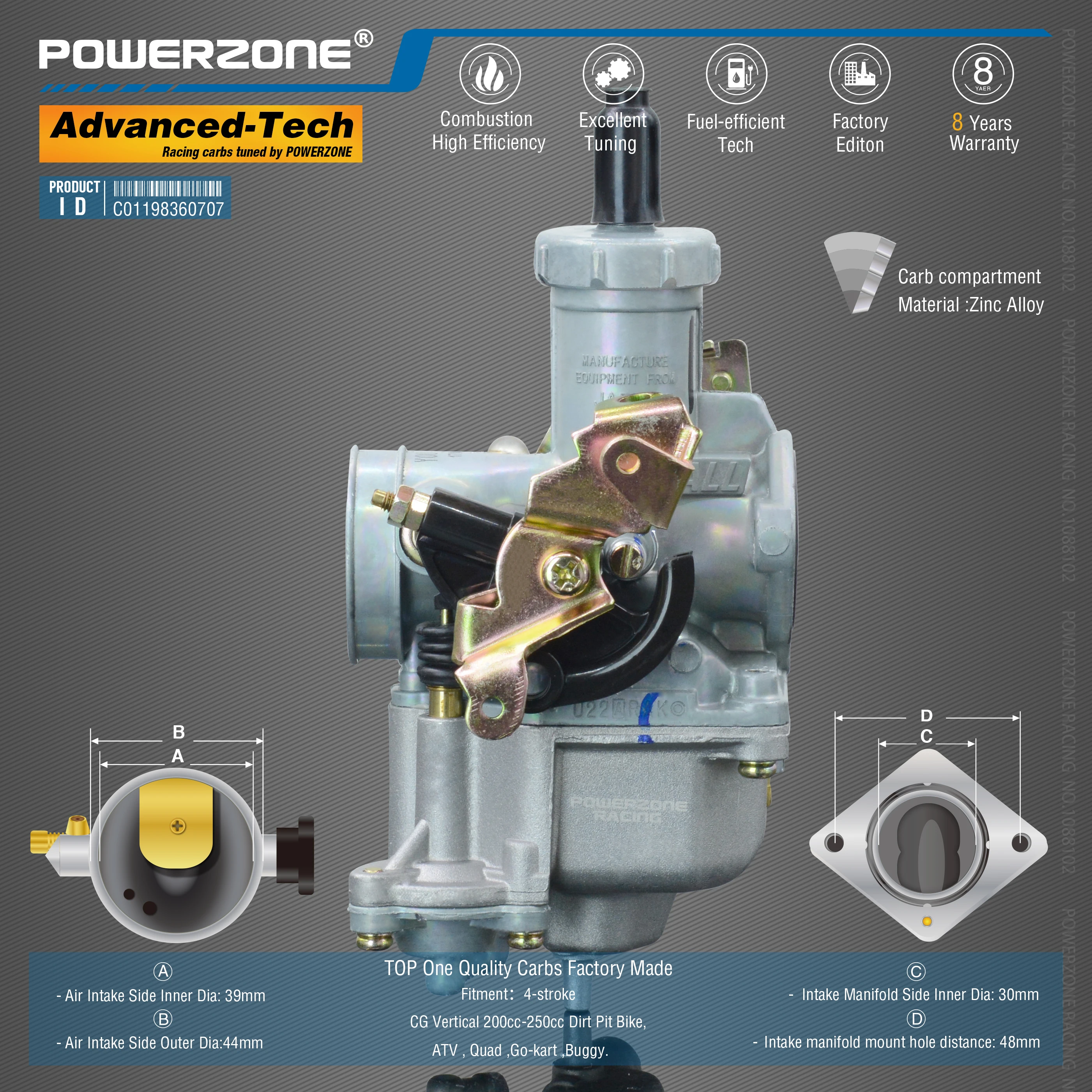 Карбюратор Powerzone PZ30B карбюратор с акселераторным насосом 30 мм CVK для CG Vertical 200cc-250cc