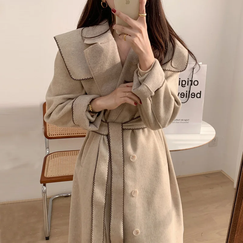 

Женское шерстяное пальто, корейское шикарное зимнее пальто средней длины с французским лацканом, двурядное пальто с поясом и пряжкой на зав...