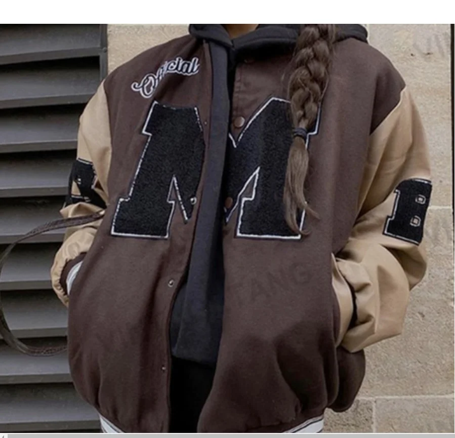 

Женская куртка-бомбер с длинным рукавом, коричневая винтажная куртка-бомбер с вышивкой, бейсбольная куртка, Осень-зима 2021