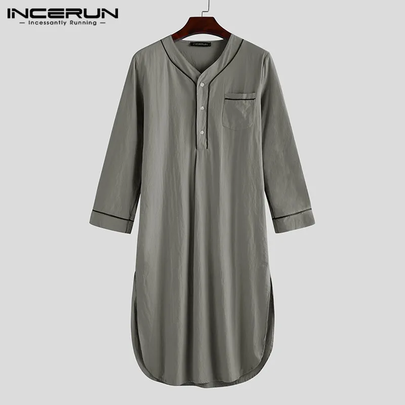 2022 Men Long Sleeve Sleep Robes Homewear V Neck Button Cozy Bathrobe High Quality Leisure Mens Pajamas Nightgown Dress INCERUN