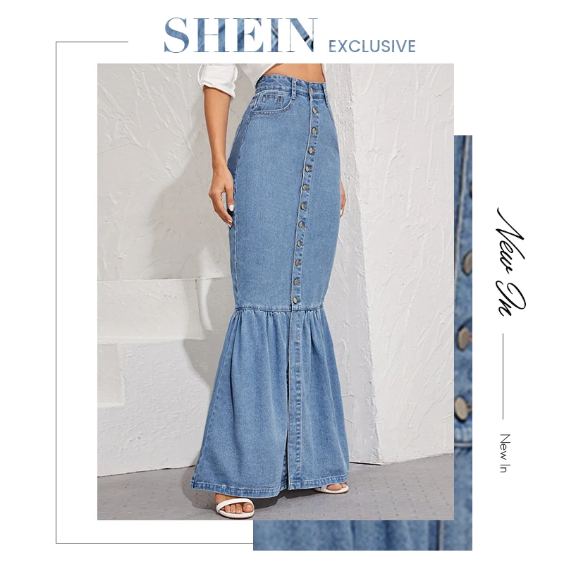 SHEIN, синяя джинсовая юбка макси с пуговицами спереди, рыбий хвост, Женская Осенняя юбка с карманами, высокая талия, вечерние, повседневные, облегающие, облегающие, Юбки Русалки
