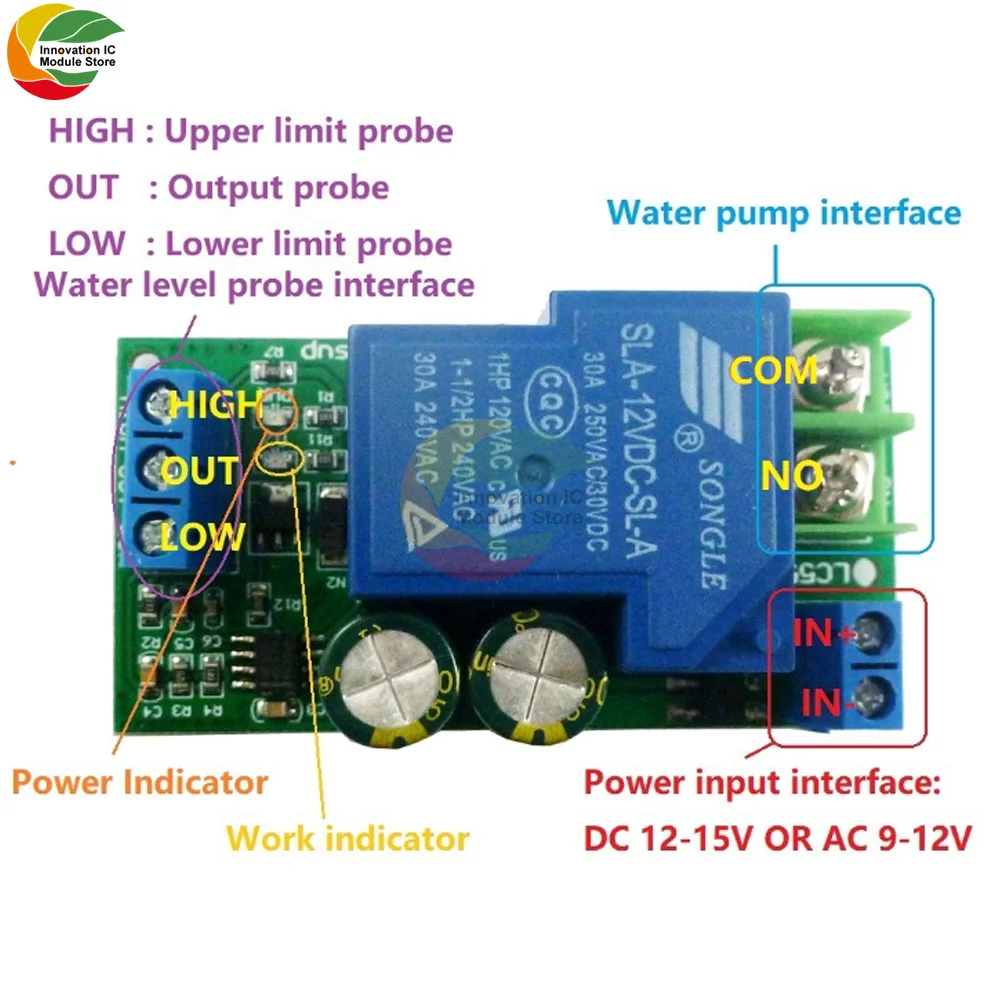 

30A High Power 12V Water Level Automatic Controller Liquid Sensor Switch Solenoid valve Motor Pump automatic control Relay Board