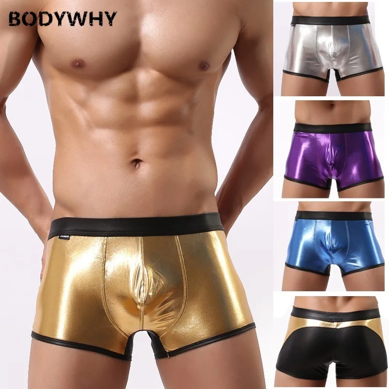 

2020 Mens Sexy Briefs Gilding Leather Underwear Male Colorful Block Boxer Shorts Fashion Male Panties