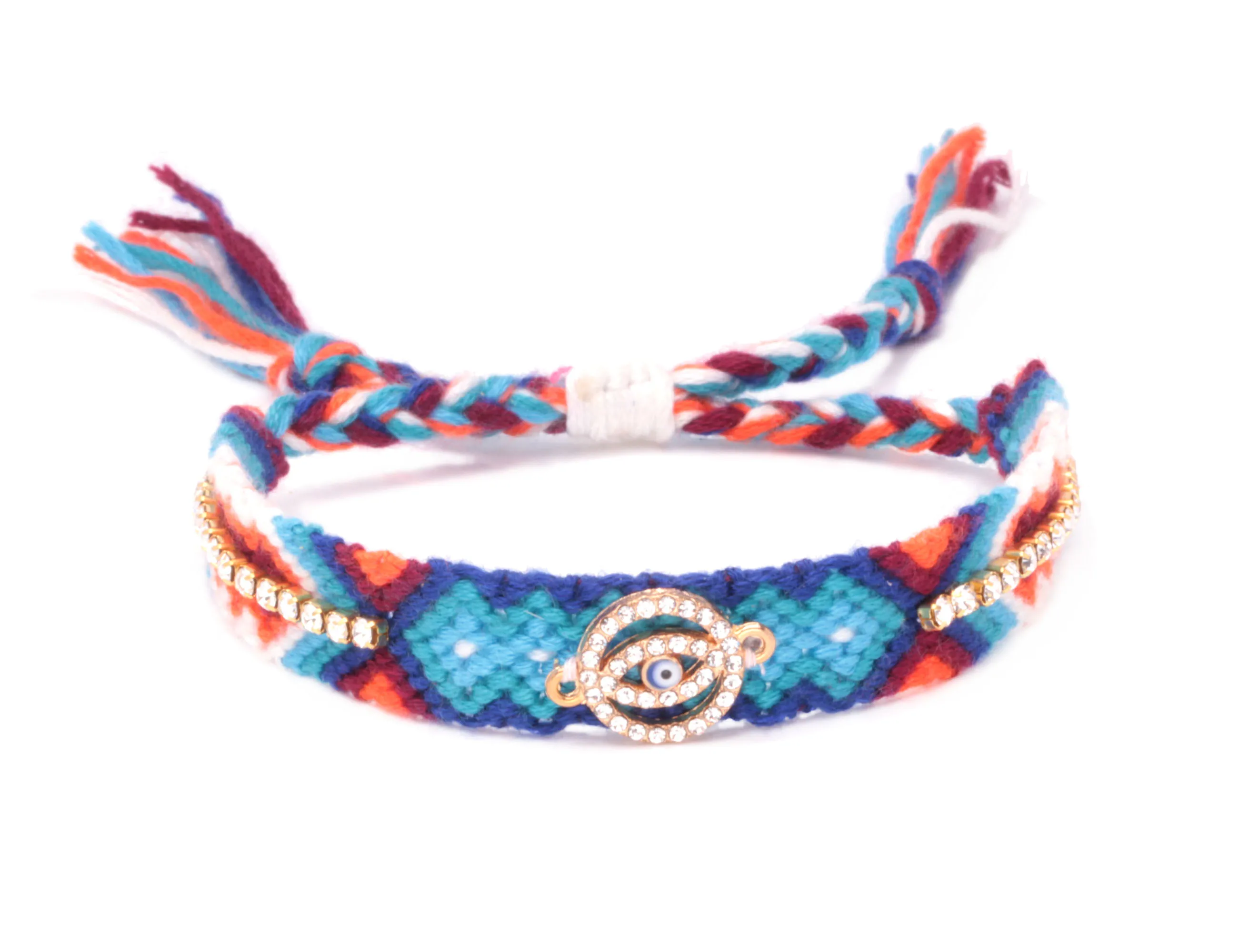 Boho Diamante Aureate круглый зловещий глаз Многоцветный тканый браслет дружбы Блестящий