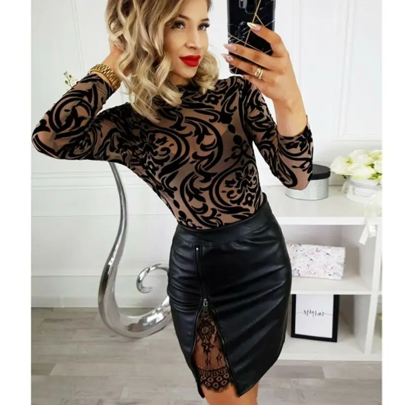 

Womens High Waisted Zipper Up PU Leather Plain Split Lace Bodycon Tube A-Line Mini Skirt