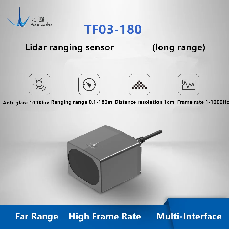 

Benewake IP67 180m distance lidar TF03 vehicle anti-collision uav fixed height industrial security lidar UART/CAN/IO,RS485/RS232