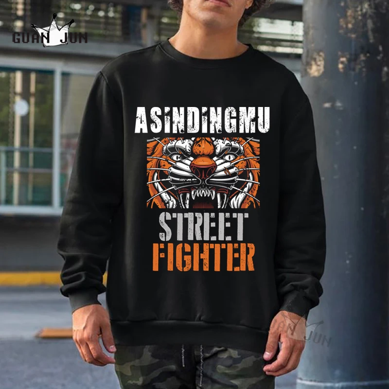 

Street Fighter Tiger Print Hoodies Men's Black Hip Hop Streetwear Crewneck Fashion Fleece Sweatshirts Oversize Loose Hoodie