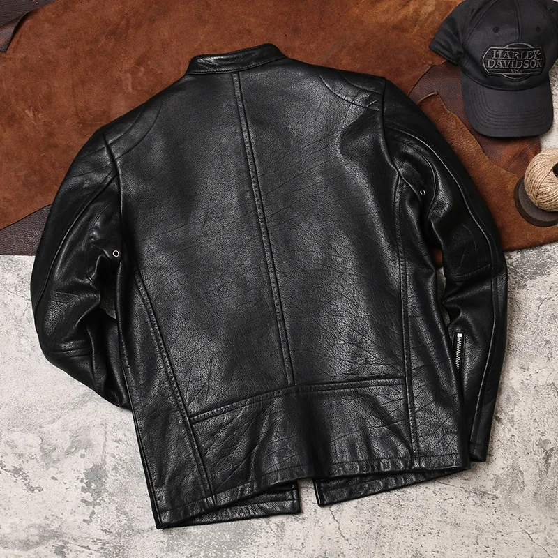 

2020 Black Men Slim Fit Jacket Plus Size XXXL Genuine Cowhide Autumn Motorcycle Leather Coat FREE SHIPPING