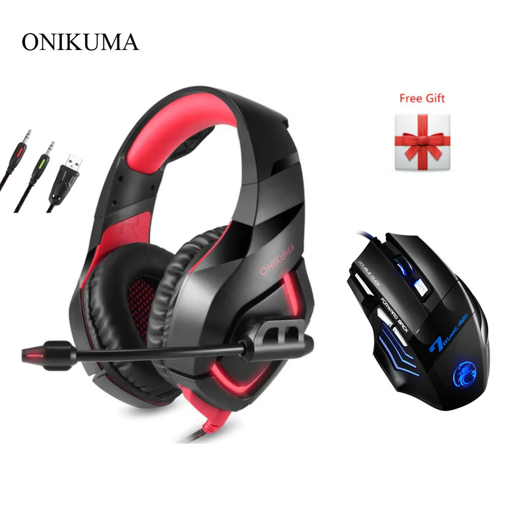 

ONIKUMA K1 Gaming Headsets Deep Bass E-sports Headphones + Gaming Mice for PC Gamer with Led Light Mic for XBOX PS4 Laptop PC