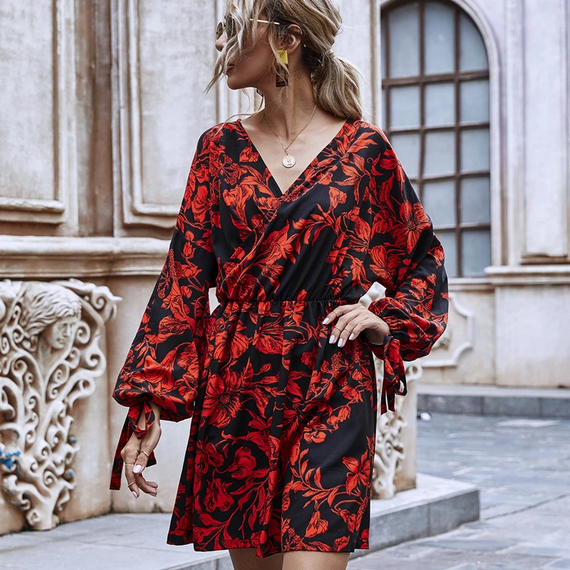 

Elegant A Line Print Women's Dress Casual V Neck Lantern Sleeve Bow Bandage Dress 2021 Spring Female New Fashion Floral Dresses