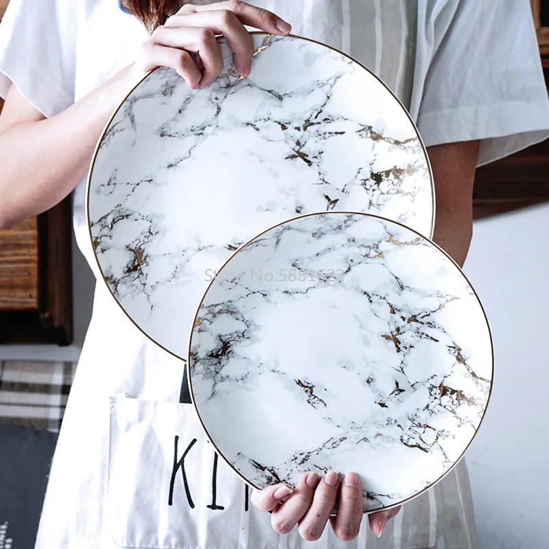 

1PCS Tableware Marble Plates Ceramic Dinner Set Gold Inlay Porcelain Dessert Plate Steak Salad Snack Cake Plates