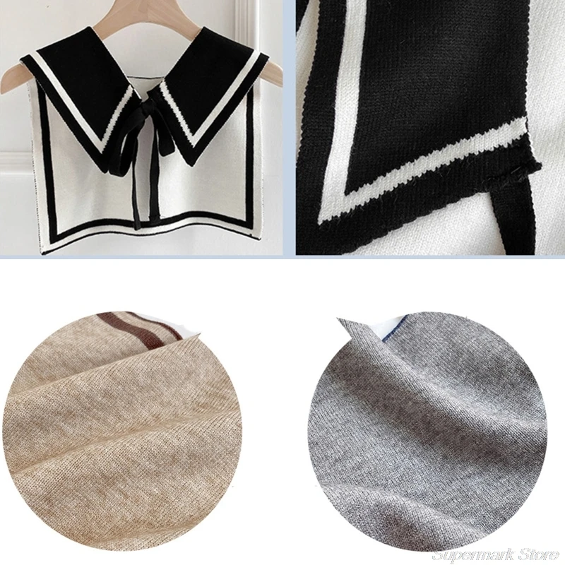 

Navy Style Women Winter Knit Shawl Wrap Reversible Contrast Color False Collar Decorative Cape Bowknot Poncho Scarf M24 21