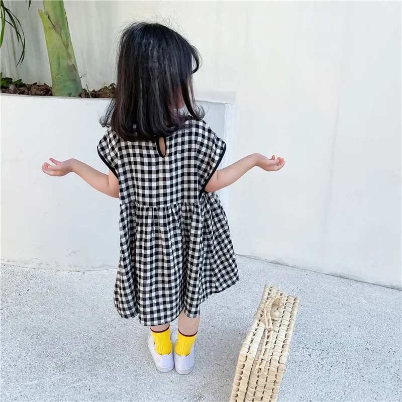 

2021 New Summer Girls Dresses Fashion Baby Kids Girl Short Sleeve A-Line Plaid Princess Dress Children Casual Beach Dresses