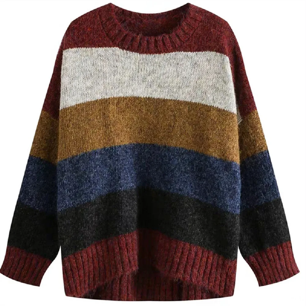 

O Neck Loose Men's Sweaters Japanese-style Color Matching Striped Mens Pullovers Hipster Casual Baggy Pullover Tops Mens Sweater