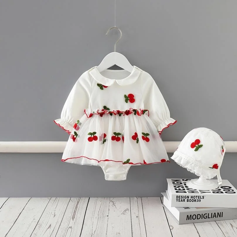 0-24M Baby Spring Bodysuit Infant Girls Mesh Embroidery Princess Dress Christening Baptism Party Wedding Jumpsuit With Hat L822 | Мать и