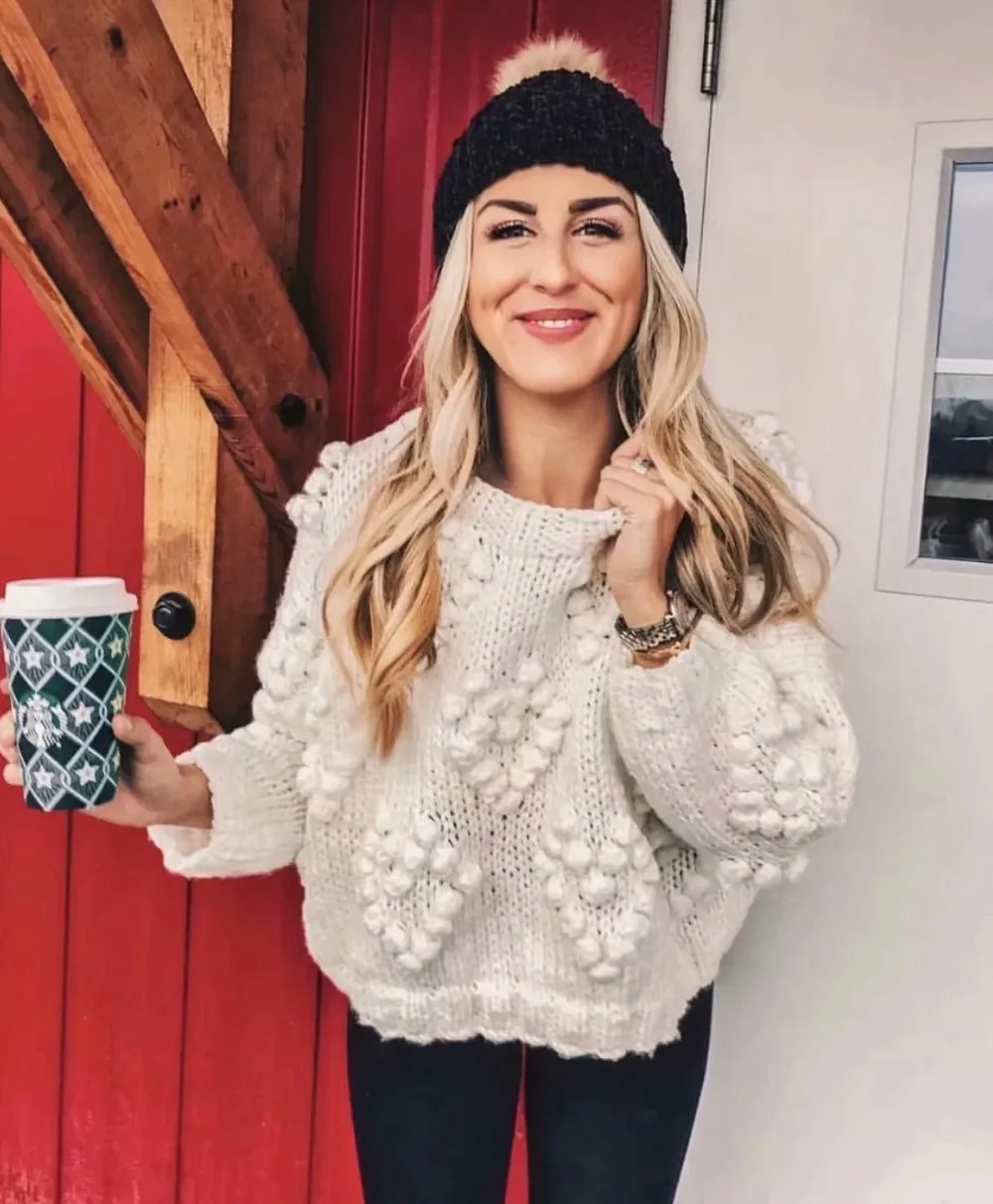 Withered sweaters women fashion blogger vintage hand knitted o-neck oversize love Jacquard weave thick pullovers sweaters women