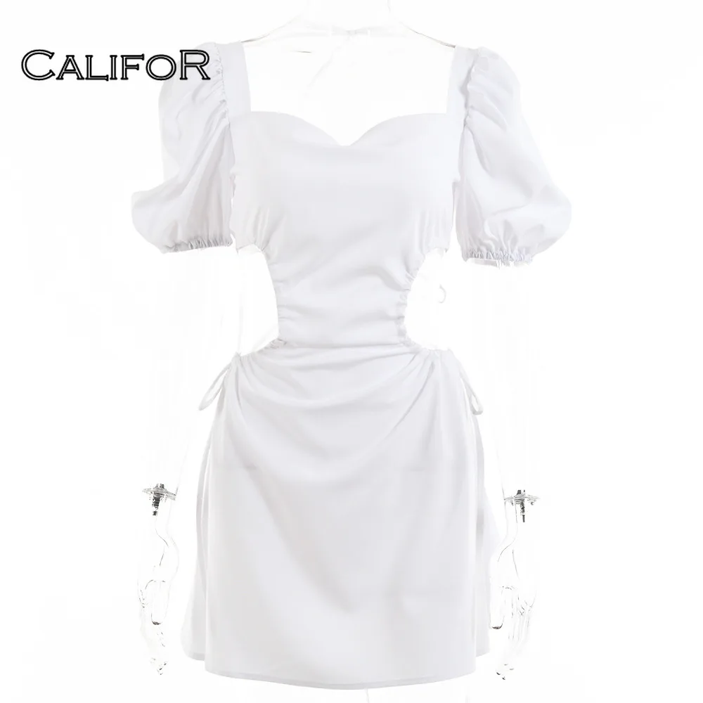 

Square Collar Strapy Sundress A-line Sweet White Dresses for Women Summer 2021 Bubble Sleeves Mini Dress Backless Design Vestido