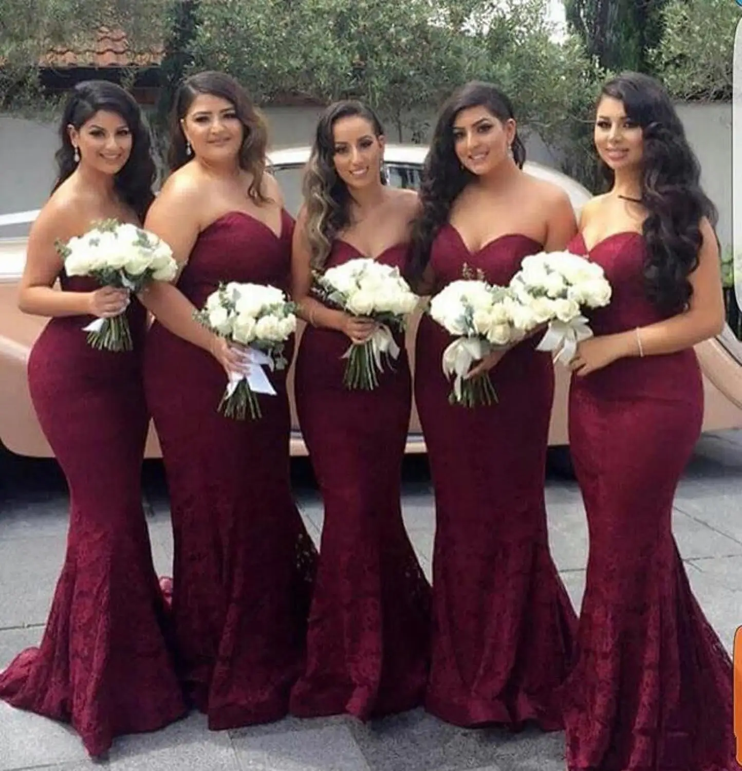 

Elegant Burgundy Sweetheart Lace Mermaid Cheap Long Bridesmaid Dresses 2020 Maid of Honor Wedding Guest Dress Prom Party Gowns