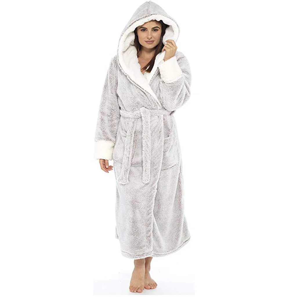 Women's long bathrobe nightgown with belt for autumn and winter-7