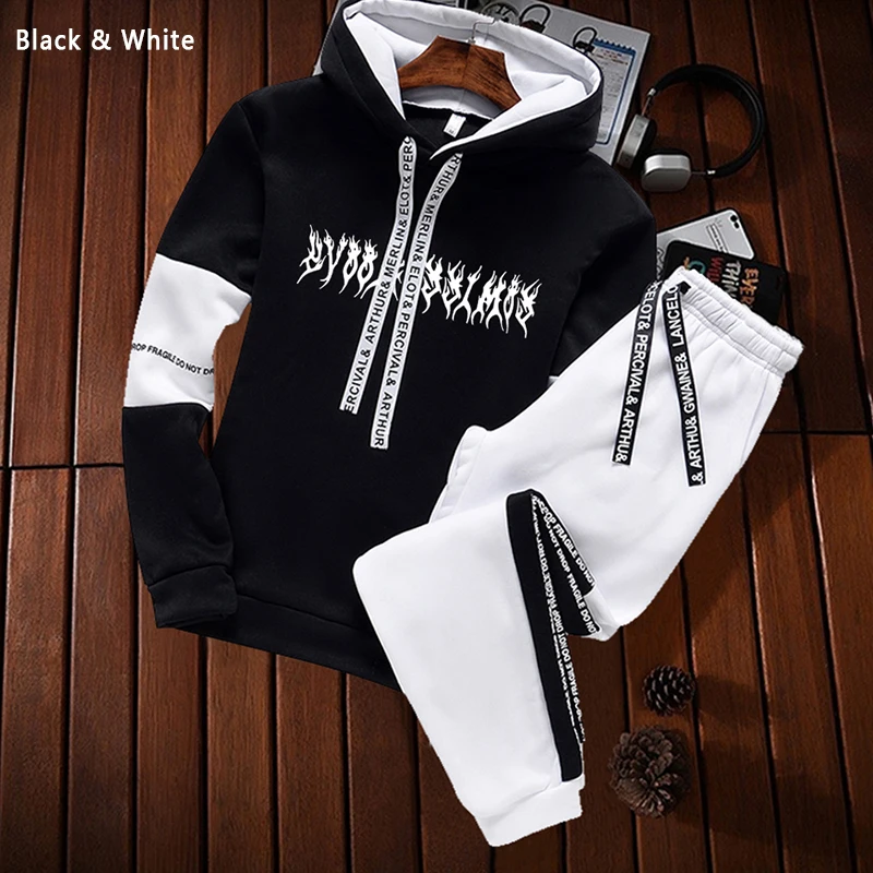 Patchwork Men Tracksuit Hoodies Sweatshirt and Pants Sets Pullover Hooded Sweatshirts White Black Casual Suit Male Outfits 2021 | Мужская