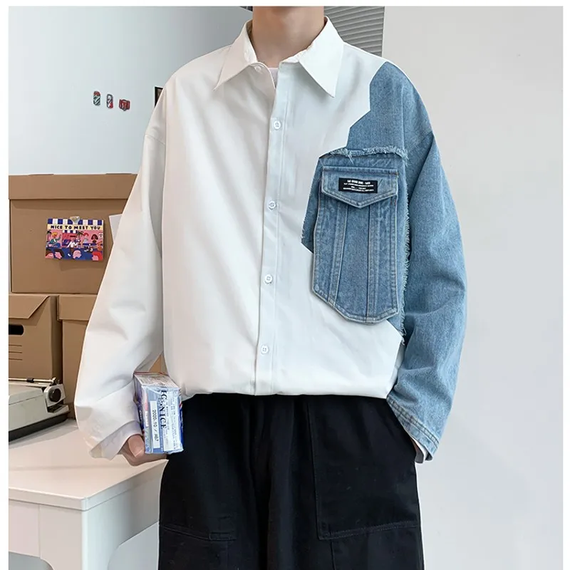 

New Style Men's Shirts Fashion Spliced Jeans Cotton White Blue Oversized Shacket Hip Hop Streetwear Loose Overshirt Big Size Top